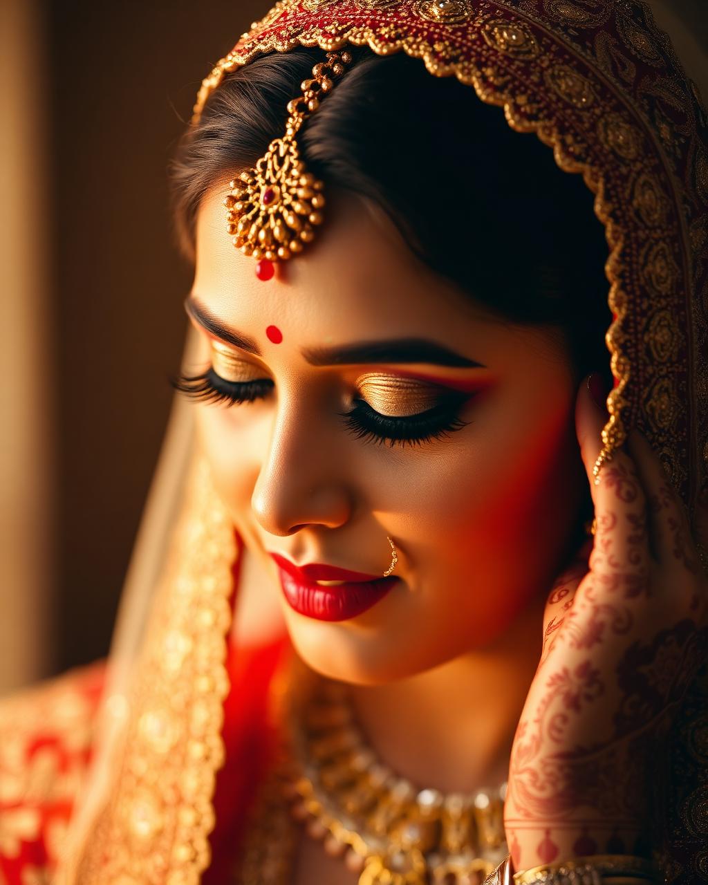 Traditional bridal makeup with gold jewelry